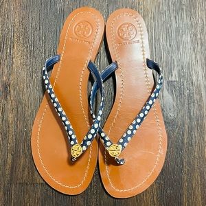 Tory Burch Navy and White Polka Dot Thong Sandals